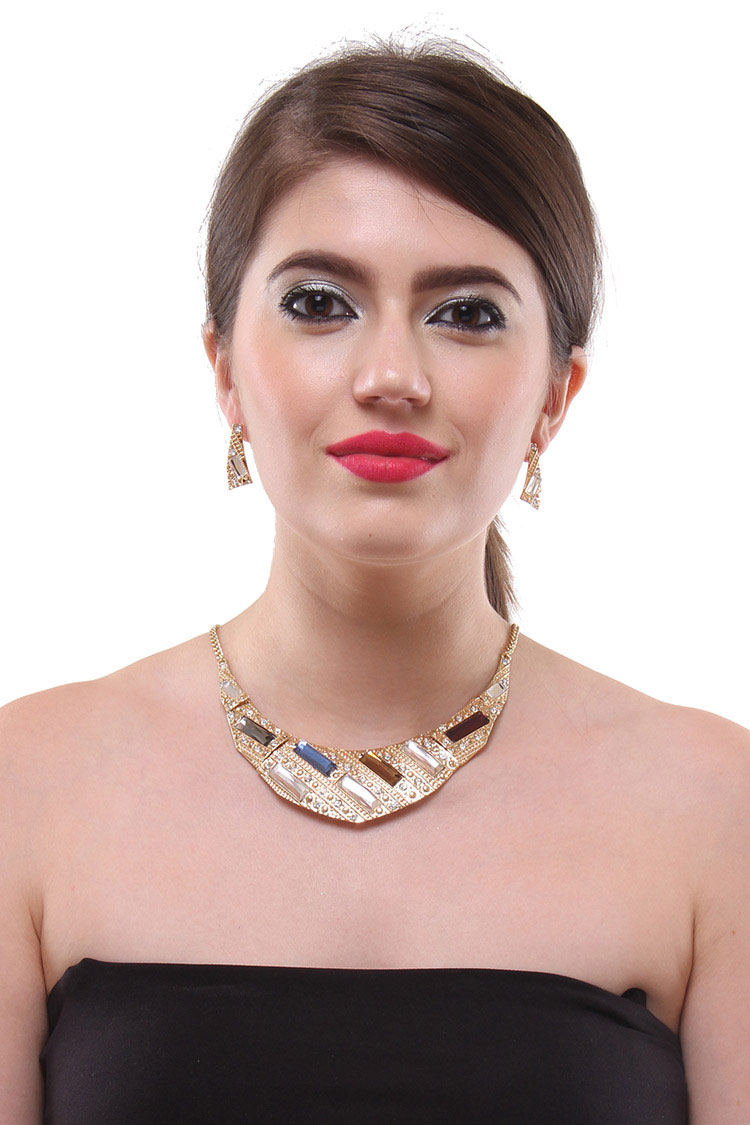 multi-color fashion necklace and earrings