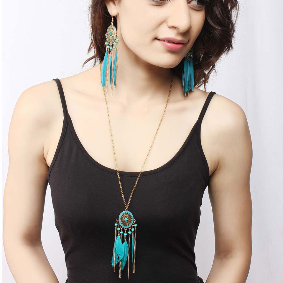 classic feather tassel long necklace set for woman