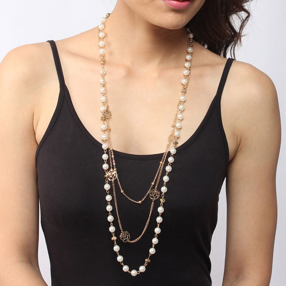 layered beaded long chain necklace