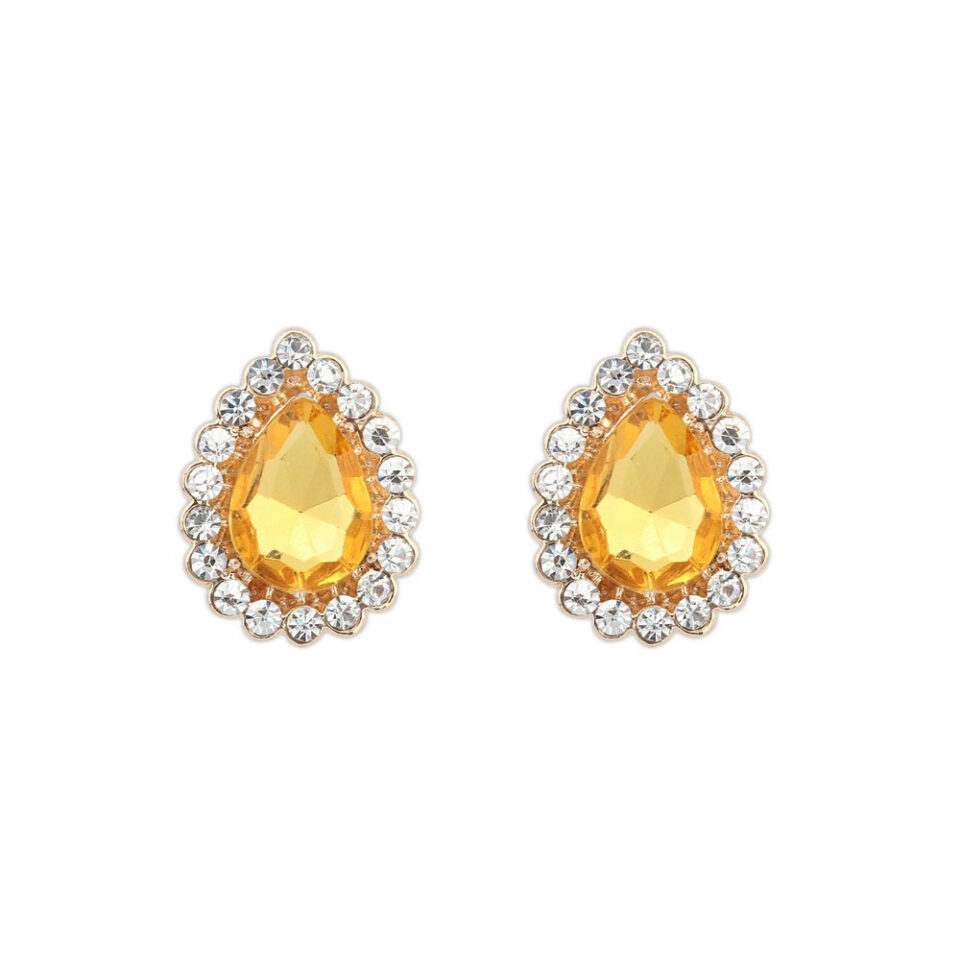 yellow crystal stone and , white beaded stud earrings